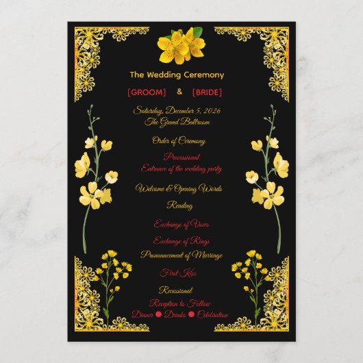Black and Gold Wedding Program Programmakaart (Voorkant)