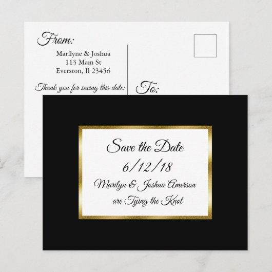 Black and Gold Wedding Save the Date Briefkaarten (Voorkant / Achterkant)