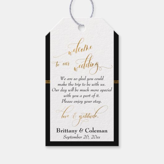 Black and Gold Welcome Love & Gratitude Wedding Cadeaulabel (Voorkant)