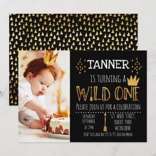 Black and Gold Wild Foto 1st Birthday Invitation Kaart