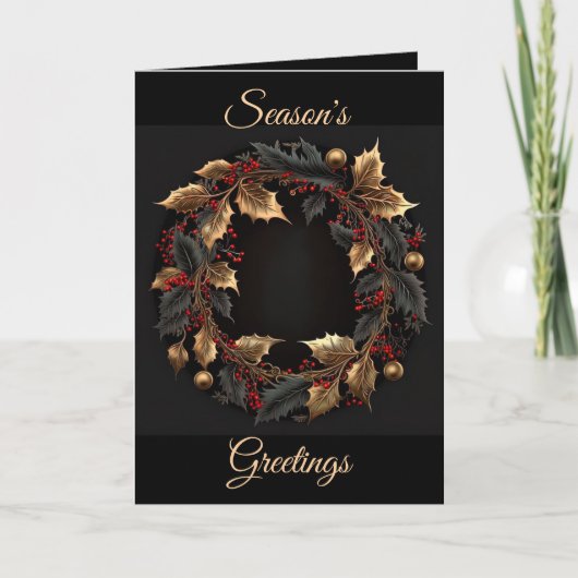 Black and Gold Wreath Christmas Holiday Card Feestdagen Kaart (Voorkant)