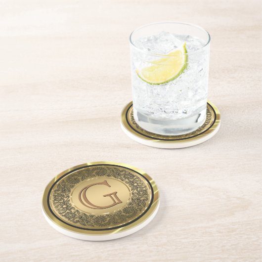 Black and GoldCircle Floral Design Monogramed Zandsteen Onderzetter (Zijkant)