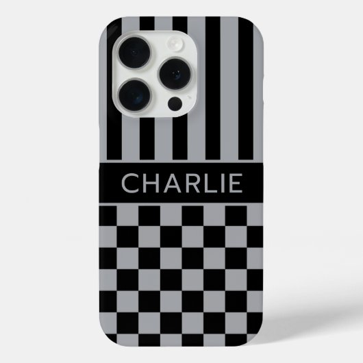 Black and Gray Checkered Striped Personalized Case-Mate iPhone Case (Achterkant)