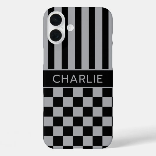 Black and Gray Checkered Striped Personalized Case-Mate iPhone Case (Achterkant)