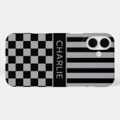 Black and Gray Checkered Striped Personalized Case-Mate iPhone Case (Achterkant (horizontaal))