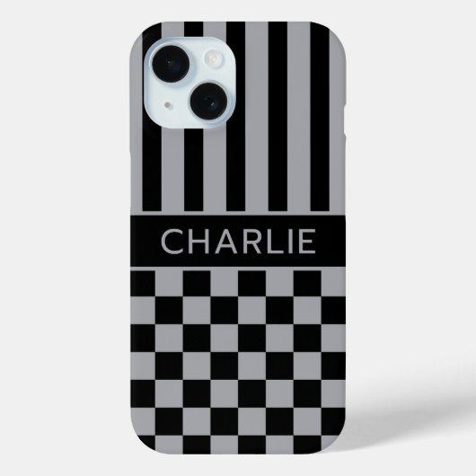 Black and Gray Checkered Striped Personalized Case-Mate iPhone Case (Achterkant)