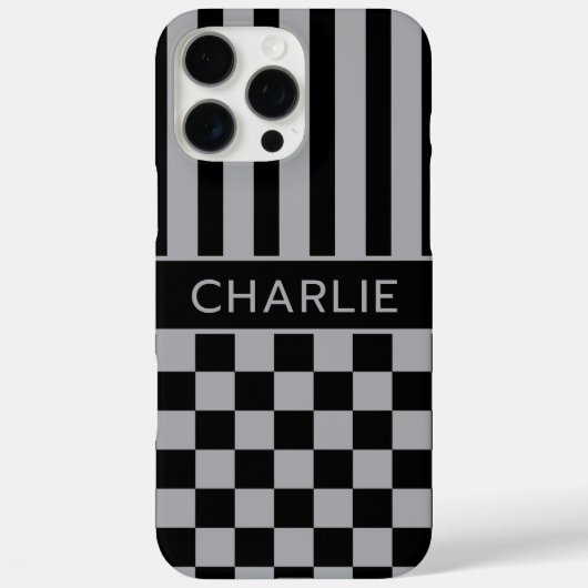 Black and Gray Checkered Striped Personalized Case-Mate iPhone Case (Achterkant)