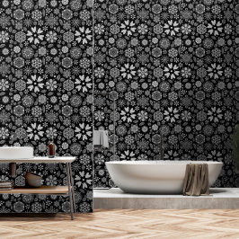 Black And Gray Retro Floral Art Seamless Pattern Behang