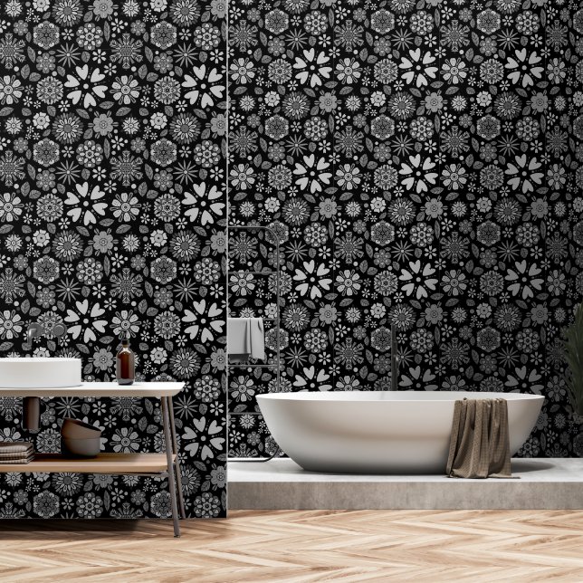 Black And Gray Retro Floral Art Seamless Pattern Behang (Badkamer)