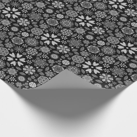 Black And Gray Retro Floral Art Seamless Pattern Cadeaupapier (Hoek)