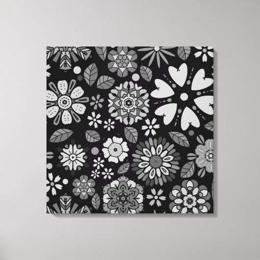 Black And Gray Retro Floral Art Seamless Pattern Canvas Afdruk (Voorkant)