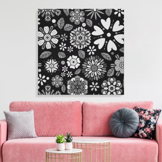 Black And Gray Retro Floral Art Seamless Pattern Canvas Afdruk (Insitu (Woonkamer))