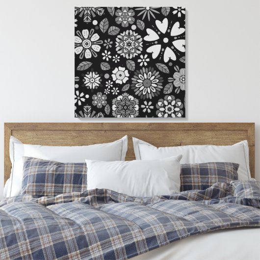 Black And Gray Retro Floral Art Seamless Pattern Canvas Afdruk (Insitu (Slaapkamer))