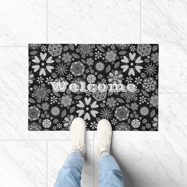 Black And Gray Retro Floral Art Seamless Pattern Deurmat (Binnen)