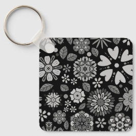 Black And Gray Retro Floral Art Seamless Pattern Sleutelhanger