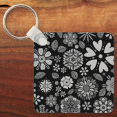 Black And Gray Retro Floral Art Seamless Pattern Sleutelhanger (Voorkant)