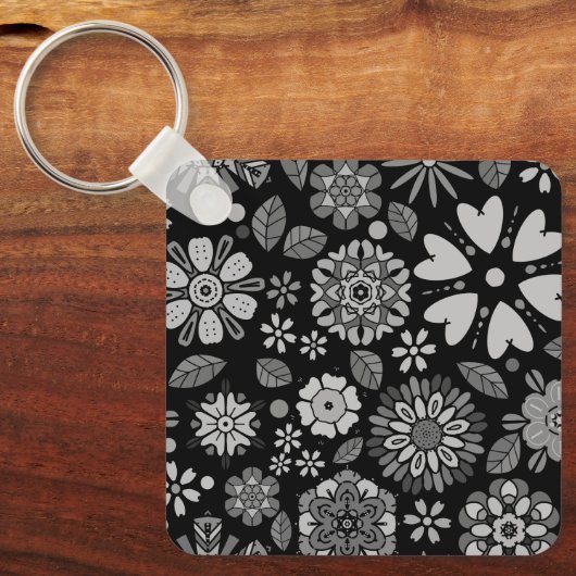 Black And Gray Retro Floral Art Seamless Pattern Sleutelhanger (Voorkant)