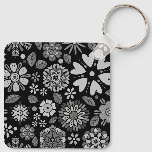 Black And Gray Retro Floral Art Seamless Pattern Sleutelhanger (Achterkant)