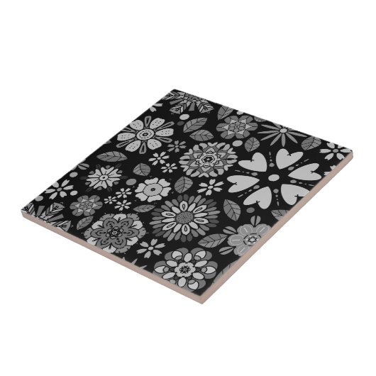 Black And Gray Retro Floral Art Seamless Pattern Tegeltje (Zijkant)