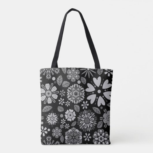 Black And Gray Retro Floral Art Seamless Pattern Tote Bag (Achterkant)