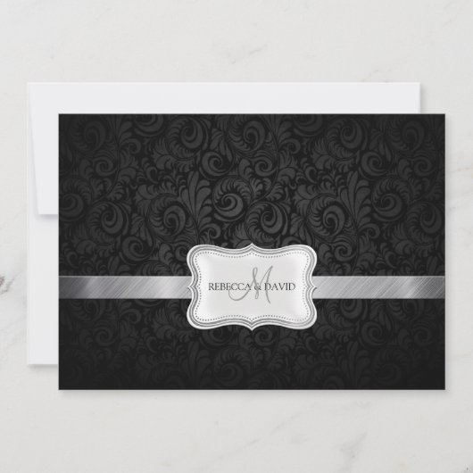 Black and Grey Floral Damask Wedding nodigt uit Kaart (Voorkant)