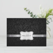 Black and Grey Floral Damask Wedding nodigt uit Kaart (Staand voorkant)