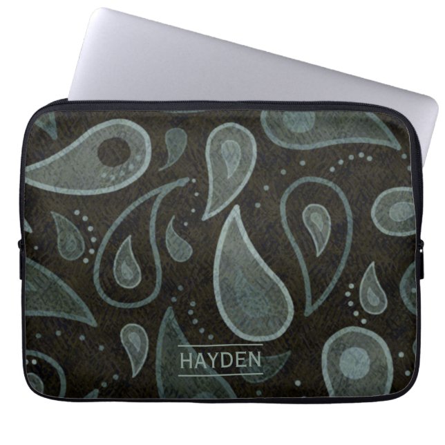 Black and Grey Paisley Pattern Personalised Laptop Sleeve (Voorkant)