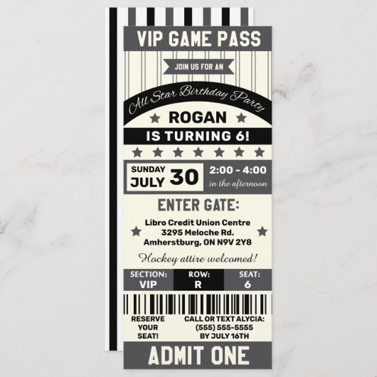 Black and Grey Sports Thmed Ticket Birthday Party Kaart (Voorkant / Achterkant)