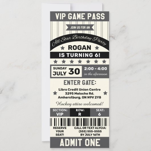 Black and Grey Sports Thmed Ticket Birthday Party Kaart (Voorkant)