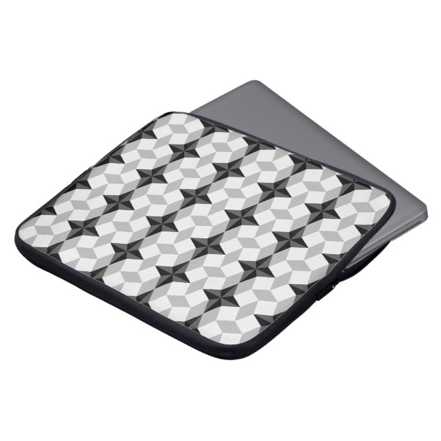 Black and Grey Starbust and Rhombus Pattern Laptop Sleeve (Voorkant top)