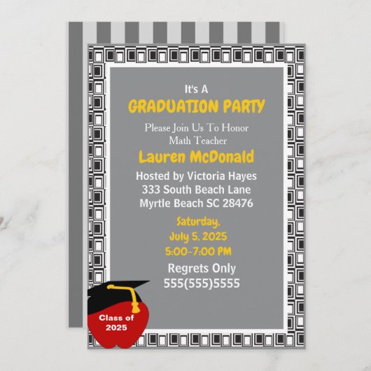Black and GreyTeacher Afstuderen Invitation Kaart (Voorkant / Achterkant)