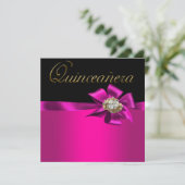 Black and Hot Pink Fuchsia Quinceanera Uitnodiging (Staand voorkant)