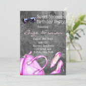 Black and Hot Pink Mode Sweet 16 Birthday Party Kaart (Staand voorkant)