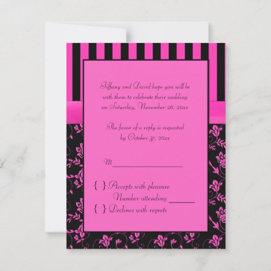 Black and Hot-Pink Striped and Jeweled RSVP-kaart Kaart (Achterkant)