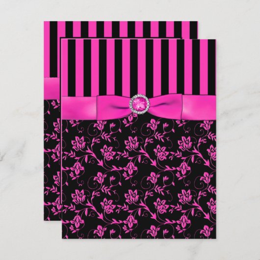Black and Hot-Pink Striped and Jeweled RSVP-kaart Kaart (Voorkant / Achterkant)