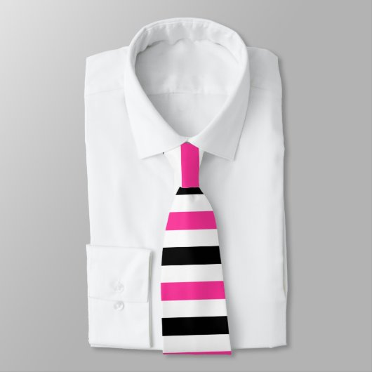 Black and Hot Pink Stripes Pattern Modern White Stropdas (Gebonden)