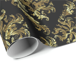 Black and Metallic Gold Floral Damascus 2 Patroon Cadeaupapier