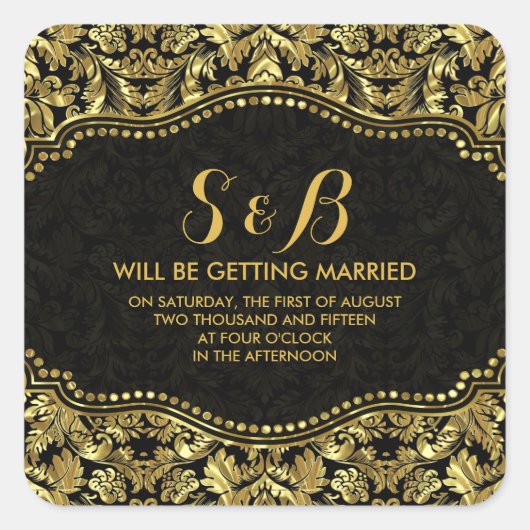 Black and Metallic Gold Floral Damascus 2 Patroon Vierkante Sticker (Voorkant)