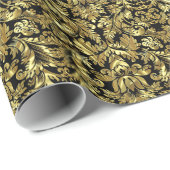 Black and Metallic Gold Floral Damascus 3 Patroon Cadeaupapier (Rol Hoek)