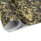 Black and Metallic Gold Floral Damascus Patroon Cadeaupapier (Rol Hoek)