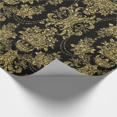 Black and Metallic Gold Floral Damascus Patroon Cadeaupapier (Hoek)