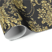 Black and Metallic Gold Floral Damascus Patroon Cadeaupapier (Rol Hoek)