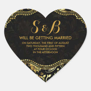 Black and Metallic Gold Floral Damascus Patroon Hart Sticker