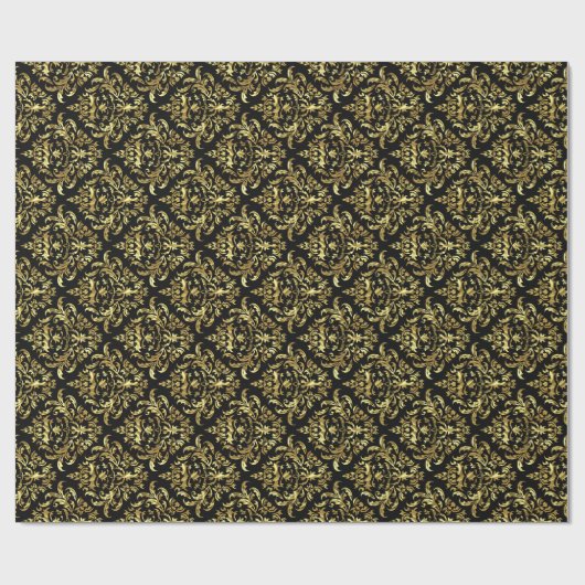 Black and Metallic Shiny Gold Floral Damaskers Cadeaupapier (Vlak)