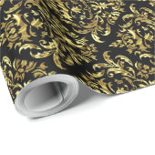 Black and Metallic Shiny Gold Floral Damaskers Cadeaupapier (Rol Hoek)