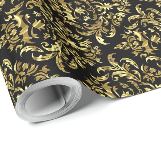 Black and Metallic Shiny Gold Floral Damaskers Cadeaupapier (Rol Hoek)