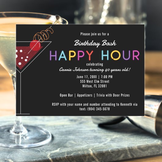 Black and Neon Happy Hour Invite Kaart