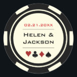 Black and Off White Poker Chip Wedding Ronde Sticker<br><div class="desc">Ben je getrouwd in Las Vegas of een andere leuke casino stad? Deze witte en zwarte glanzende stickers zouden een perfecte aanvulling zijn op een favoriete doos, envelop, snoep buffet en nog veel meer. Pas je ontwerp aan met je namen in het midden, een trouwdatum, dank je, enz. in het...</div>