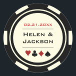 Black and Off White Poker Chip Wedding Ronde Sticker<br><div class="desc">Ben je getrouwd in Las Vegas of een andere leuke casino stad? Deze witte en zwarte glanzende stickers zouden een perfecte aanvulling zijn op een favoriete doos, envelop, snoep buffet en nog veel meer. Pas je ontwerp aan met je namen in het midden, een trouwdatum, dank je, enz. in het...</div>