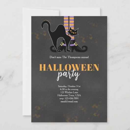 Black and Orange Black Cat Witch Halloween Party Kaart (Voorkant)